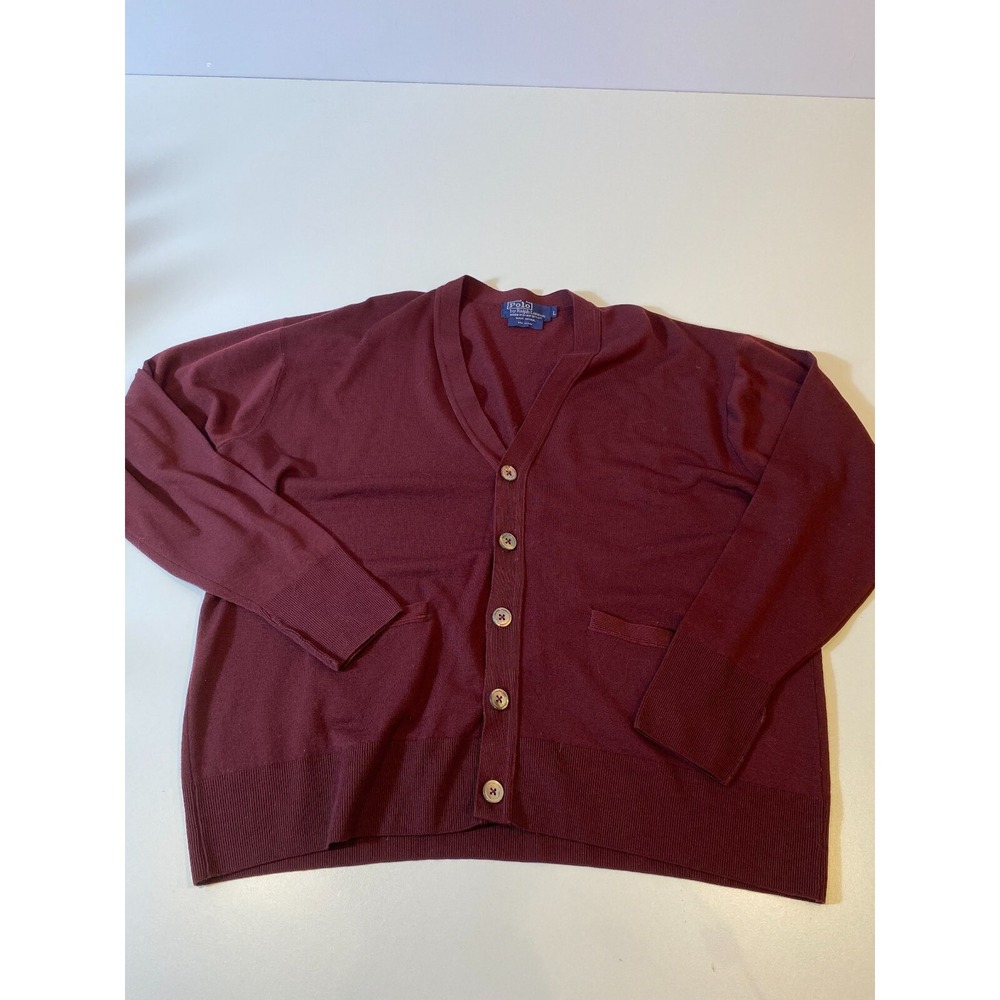 VTG Polo Ralph Lauren Cardigan Wool Sweater Men L Made in Great Britain Burgandy